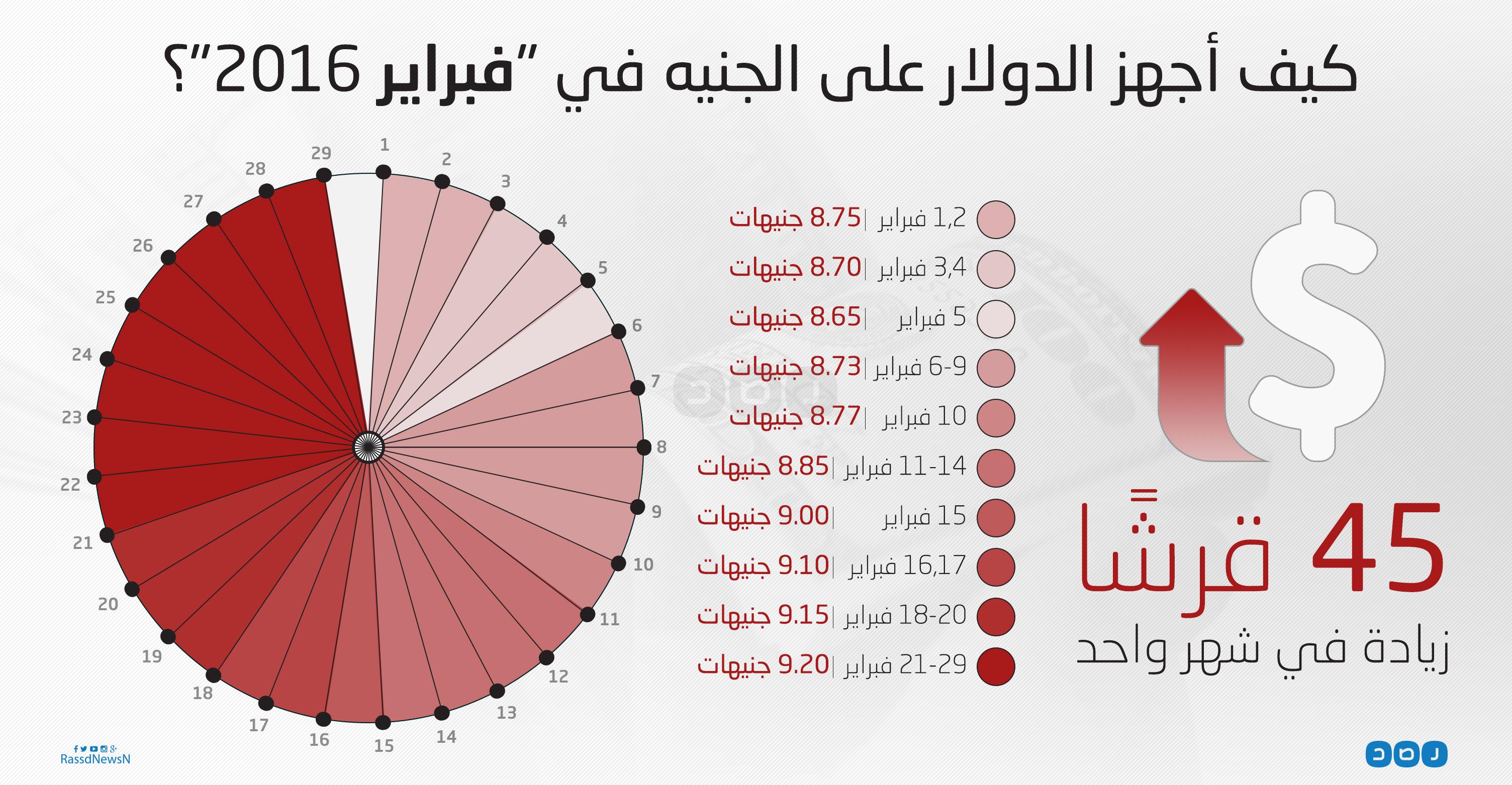 بالإنفوجرافيك.. كيف أجهز الدولار على الجنيه في فبراير 2016؟