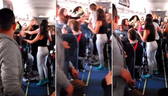 بالفيديو.. مشاجرة بين سيدات بالركل وشد الشعر على طائرة أميركية