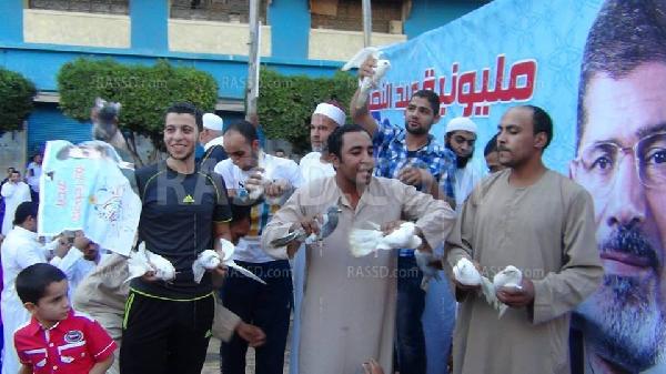 الحمام رمزا للسلمية في تظاهرات بني سويف ضد الانقلاب