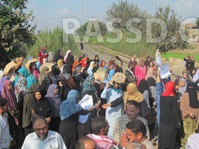 بالصور.عمال سمنود للنسيخ يقطعون خط سكة الحديد بالغربية