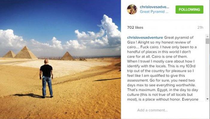 رحاله أمريكي بعد جولة له في مصر.. القاهرة “مدينة بلا شرف”