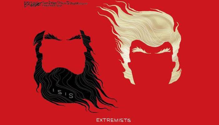 كاريكاتير.. تنظيم الدولة ودونالد ترامب وجهان لعملة الإرهاب والعنصرية