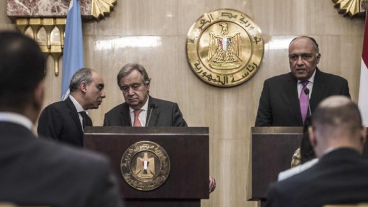 صورة أرشيفية تجمع بين جوتريتش الأمين العام للأمم المتحدة وسامح شكري وزير الخارجية المصري